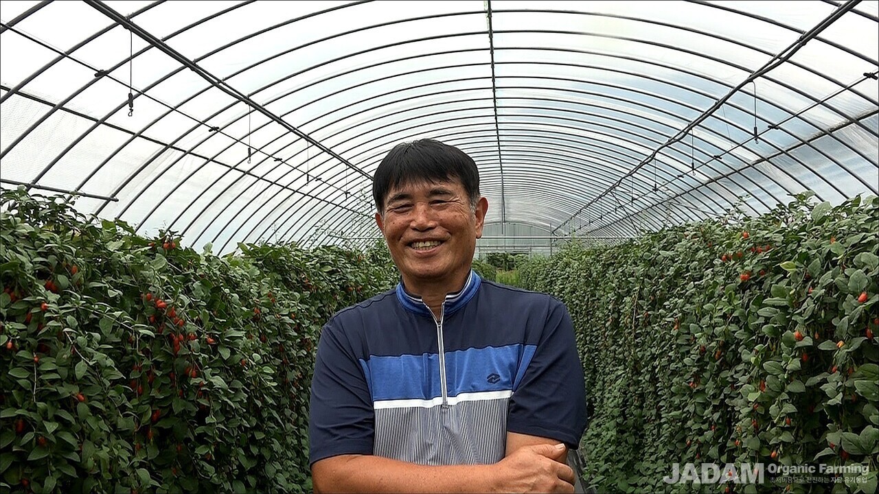 Farmer Jin-hyoung Kim standing in the center of his goji berry farm with a bright smile